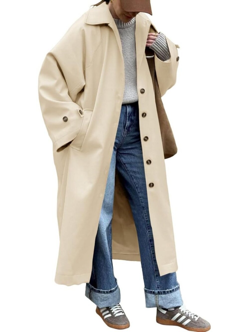 Oversized Long Trench Coat for Women - Classic Lapel, Windproof Fall Overcoat
